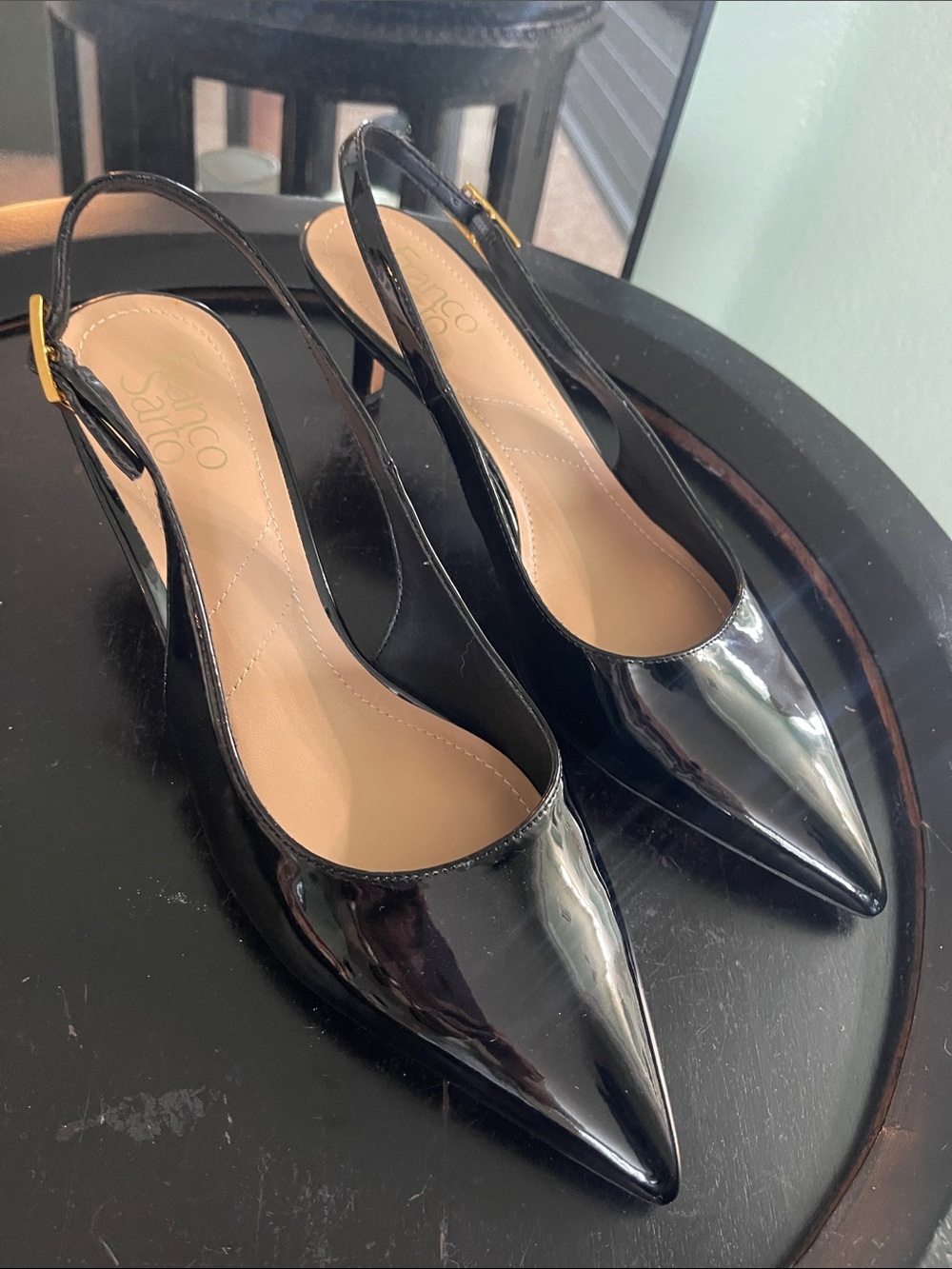 Franco Sarto Kate Black Patent Pointed-Toe Slingback Heels